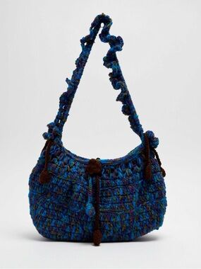 Handwoven Blue Crochet Shoulder Bag with Decorative Tassels
